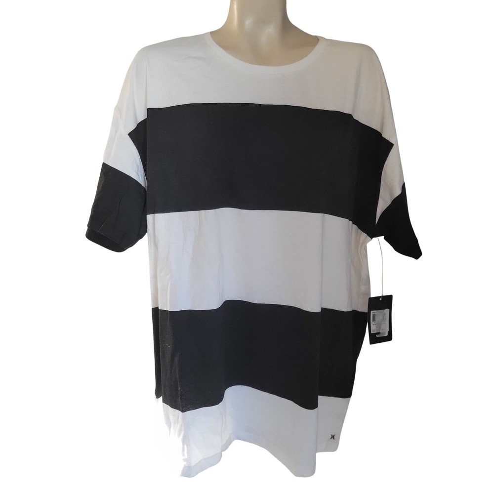 Hurley NEW XL Black White Stripe T Shirt Crew Neck Beach nautical comfort casual